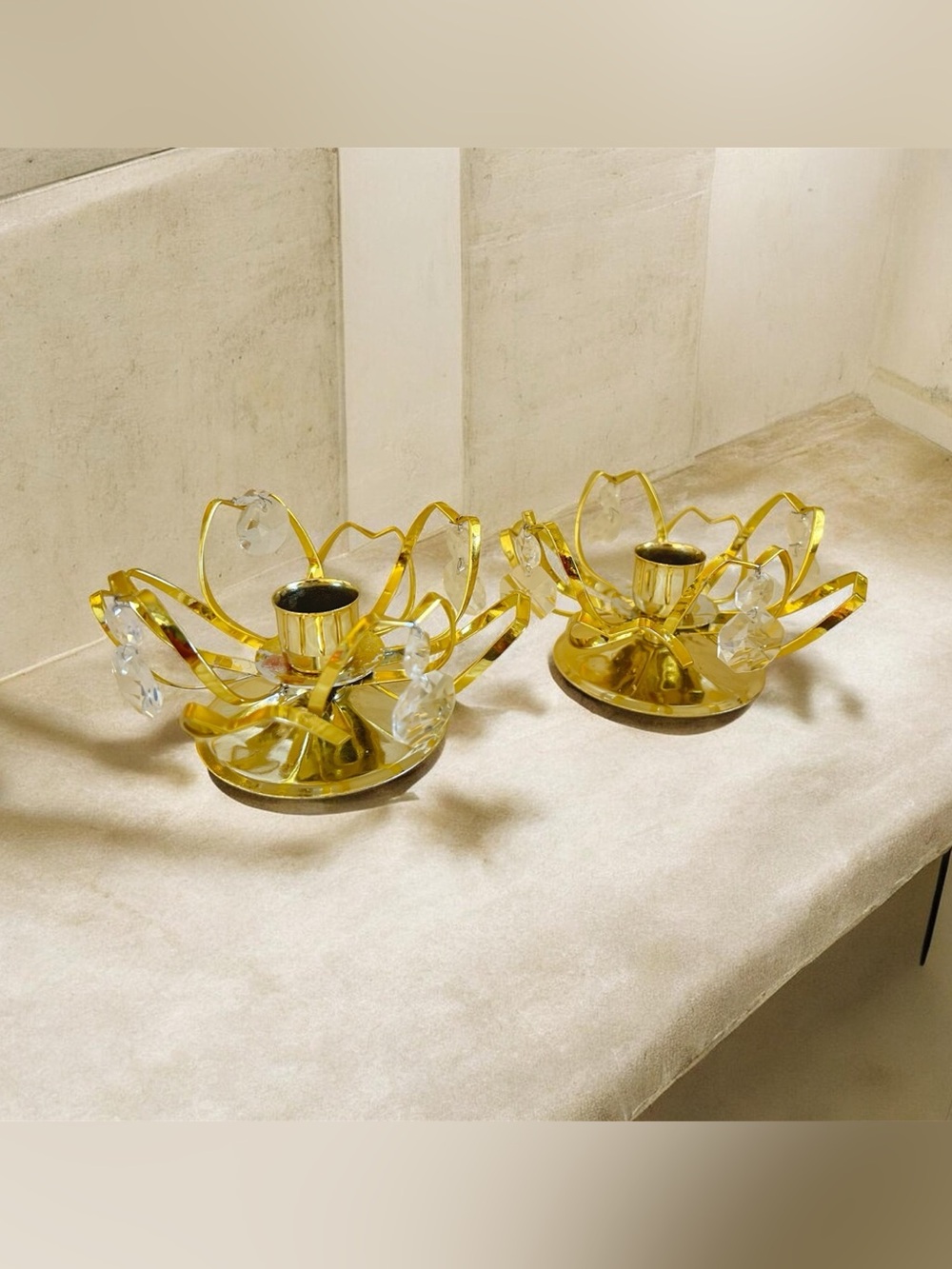 Brass flower shaped candle holders with lead crystal prisms